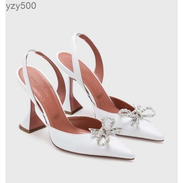 

amina muaddi womens sandals leather sole designer high heels 10cm crystal bow diamond chain decoration banquet women white silk wedding form, Black