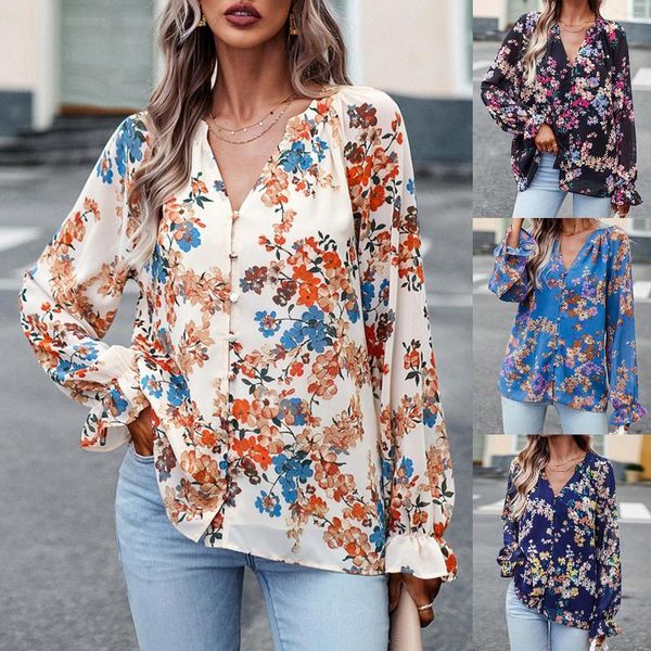 

women's blouses french floral printed single breasted loose casual v neck shirt women long sleeve elegant gathered 65, White