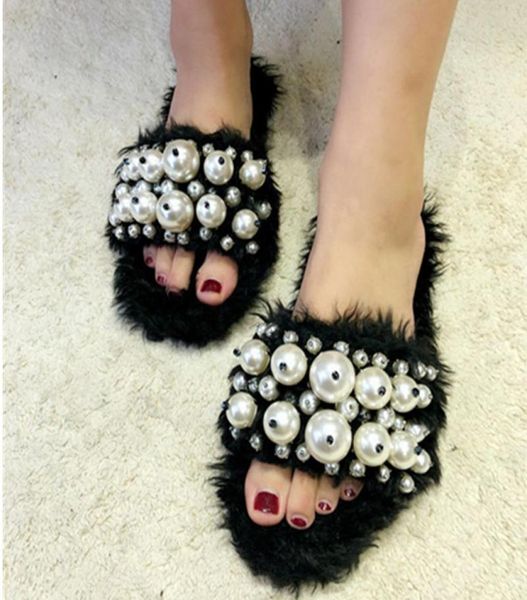 

winter women furry slippers slip on luxury warm slides pearl beads flip flops flats female comfortable mules shoesslippers9662614, Black