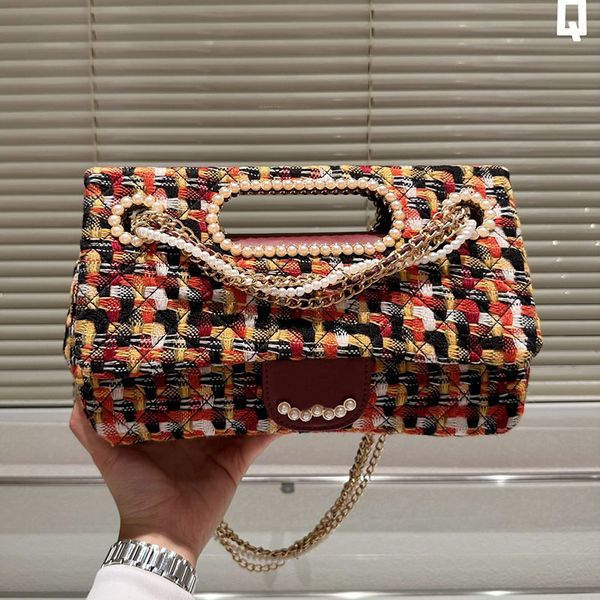 

23a colorful tweed wool knitting pearl metal multi chain women designer double flap tote bag gold hardware stripes medium shoulder handbag 2