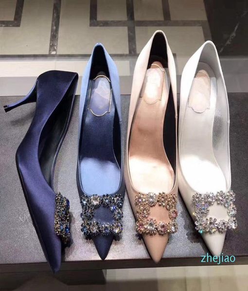 

designer silk satin diamond rhinestone square button pointed heel stiletto flat 6cm 8cm 10cm height wedding shoes bridesmaid shoes6073029, Black