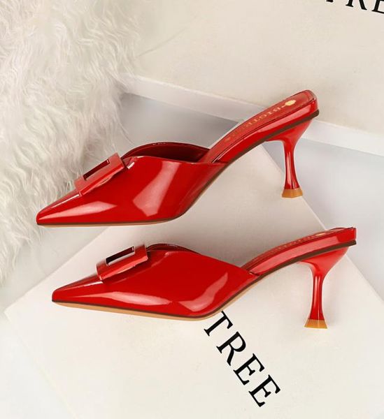 

new style buckle glossy shoes summer slides women 6cm low high heels mules shales casual yellow kitten heels slippers sexy3255748, Black