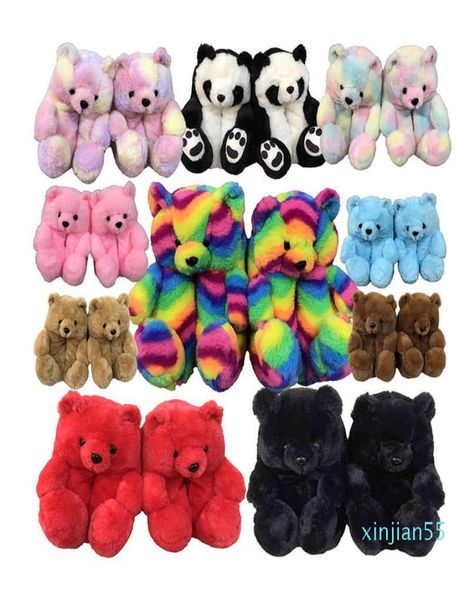 

teddy bear women plush slippers cartoon cute bear house slipper indoor furry faux fur slides woman shoes sandals 2021 y04063399424, Black