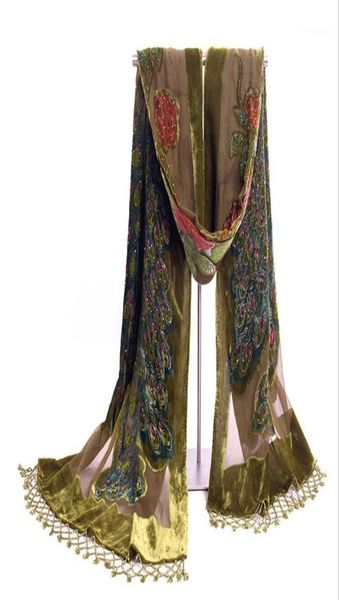 

scarves dark green velvet silk beaded sequin shawls vintage handmade embroider peacock fashion scarf long fringer 11231019709377, Blue;gray