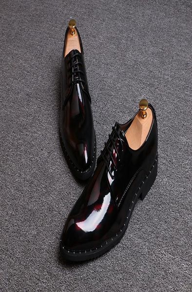 

glossy patent leather shoes mens handsome boys prom oxfords shoes male laceup pointed toe business wedding formal shoes9042991, Black