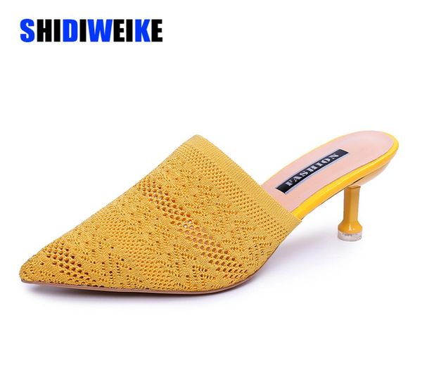 

knit mesh breathable high heels mules slippers women 2020 summer shoes women pointed toe thin heels fashion party ladies shoes lj22731962, Black