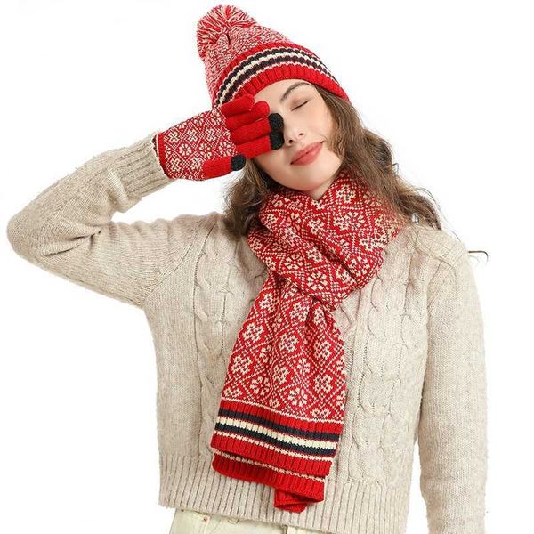 

hats scarves sets women winter keep warm set fleece lining beanie telefingers gloves thicken scarf christmas hat snow design neckerchief 3 p, Blue;gray