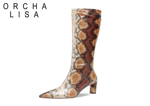 

orcha lisa women knee boots snake patent leather pointed toe slip on party shoes autumn winter fashion c21063171459, Black