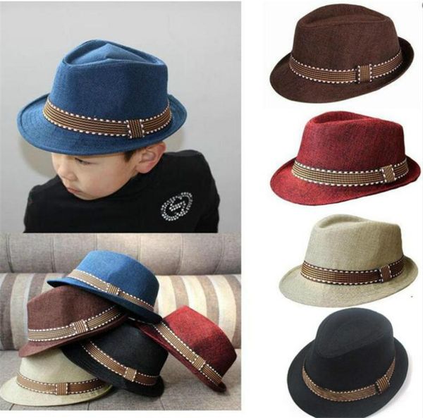 

2020 new fashion kids boy girl neutral fedora hat contrast pruning cool jazz hat trilby hat m0576350135, Blue;gray
