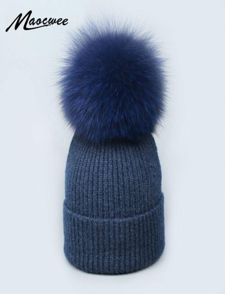 

real fox fur pom poms ball skullies beanies keep warm winter hat for women child girl 039s wool hat knitted cap thick female ca7225244, Blue;gray