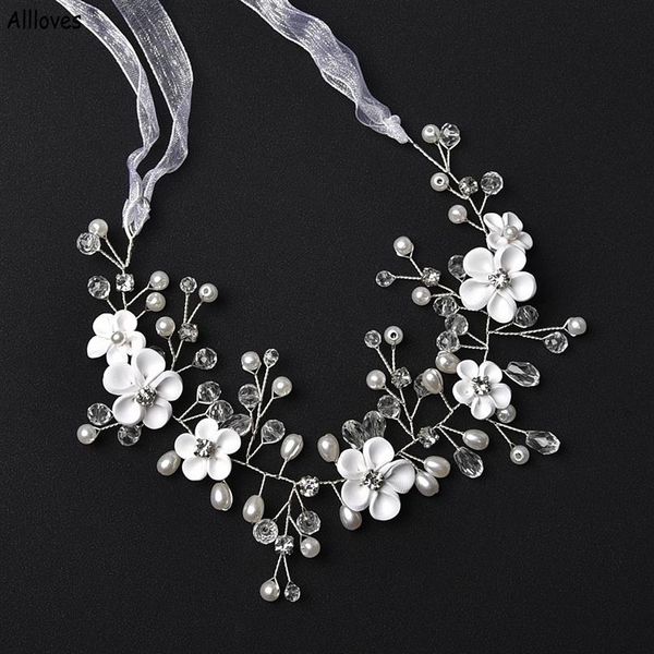 

pretty white handmade flowers wedding headpieces for bride fashion rhinestones beaded hairdress headband women prom ceremony weddi2473, Silver