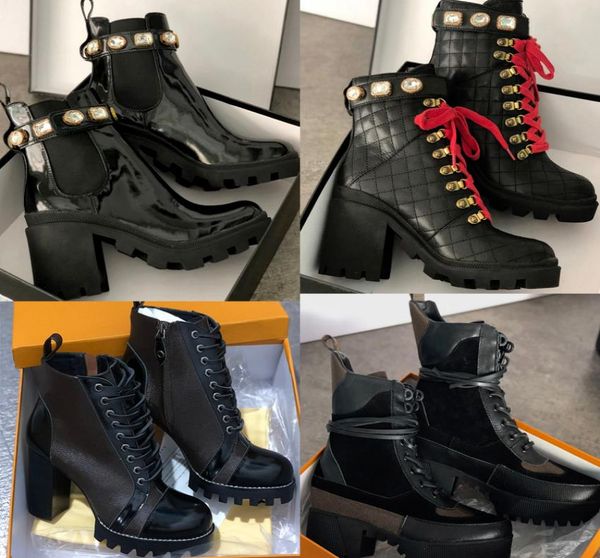 

winter leather ankle boots women ankle platform desert boots chunky heel winter boost with belt check tweed print leather with box5499798, Black