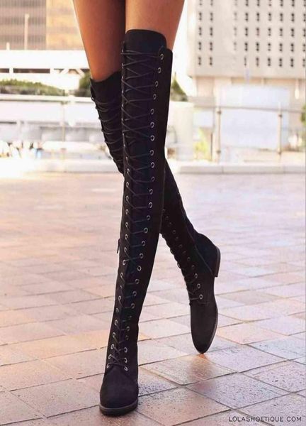 

women039s winter boots thigh high boots lace up rubber stretch women shoes rome style over the knee boot for women female 8890304, Black