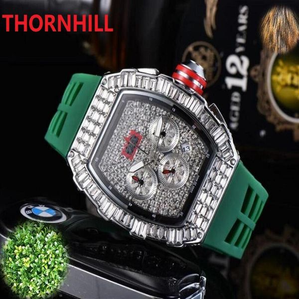 

men fashion sport shinning watches quartz chronograph colorful diamonds iced wristwatches all dial work rubber calendar designer m261p, Slivery;brown