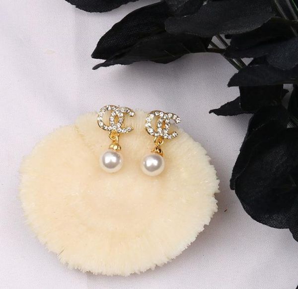 

brand designer stud dangle simple new women luxury crystal rhinestone pearl metal gold double letter earrings for gir6503163, Silver