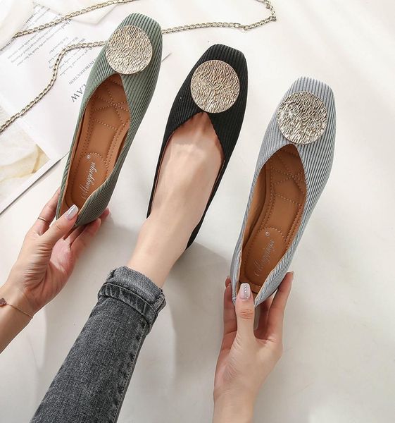 

dress shoes spring summer flat woman round metal buckle ballet flats ladies knitting loafers shallow mouth slip on moccasins 9gjo8311959, Black