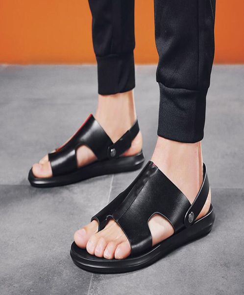 

men leather outdoor sandals beach comfortable fashion mens summer breathable rubber flip flops shoes large size2050631, Black