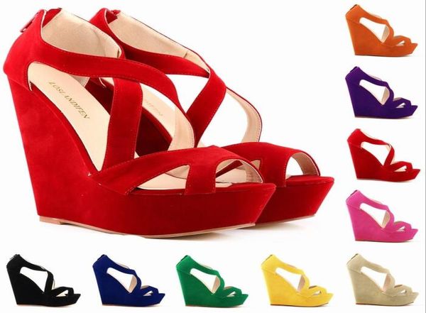 

fashion designer women039s sandals thick bottom wedge high heels 14cm solid color suede waterproof platform fish mouth shoes5275043, Black