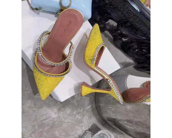 

2021perfect official quality amina muaddi women 95mm gilda embellished glitter mules amina muaddi crystal high heel shoes sa4324502, Black