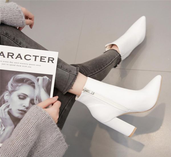 

luxury designer women 10cm high heels western cowboy boots leather block white heels ankle boots chunky heels shoes 2009242467634, Black