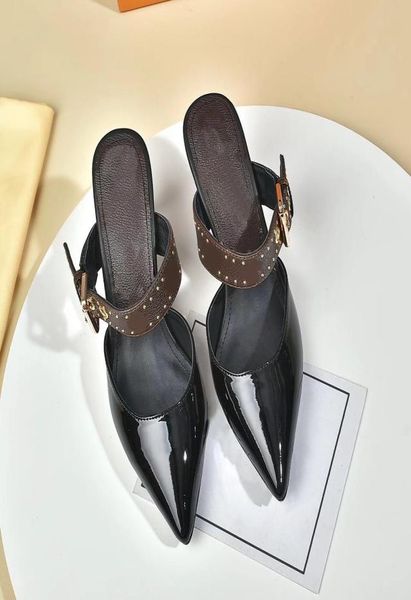 

2021 roman ladies ankle dress sandals luxury designer patent leather highheeled shoes women party prom wedding summer pointed toe6029859, Black