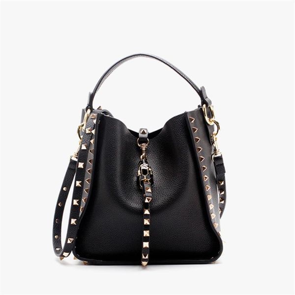 

2020 new brand fashion selling women's luxury designer bucket bag genuine leather ladies rivet handbags female shoulder b317w, Black;red