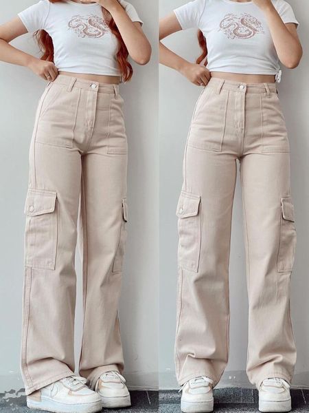 

women s pants s y2k celana kargo wanita gaya korea parasut harajuku krem celana jogger kaki lebar vintage untuk 230904, Black;white