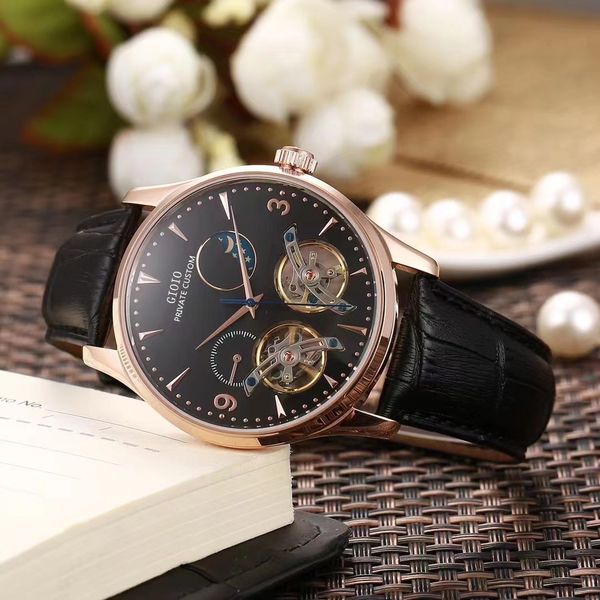 

mens automatic watch mechanical moon phase black leather tourbillion, Slivery;brown