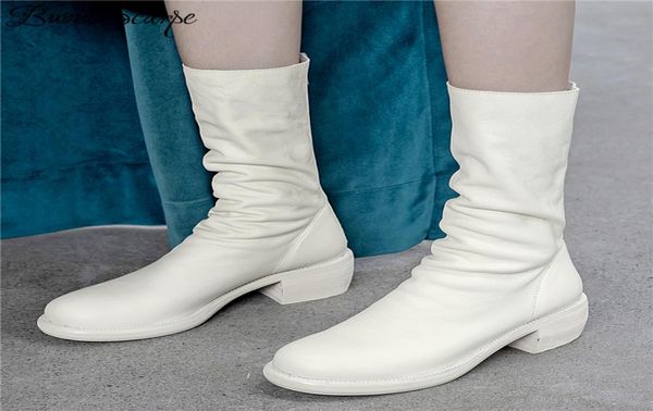 

genuine leather pleated fashion boots brand designed zipper boots chunky botas fenimina leather shoes zapatos mujer2729221, Black