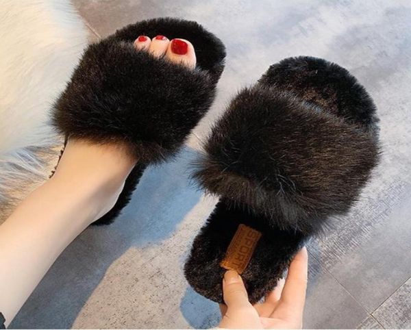 

low shoes flock lady slippers flat slipers women fur flip flops slides winter footwear girl 2019 plush soft designer8339719, Black