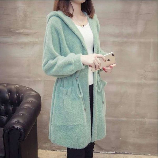 

imitation mink cardigan sweater womens coat mid long autumn and winter loose lazy wind, White;black