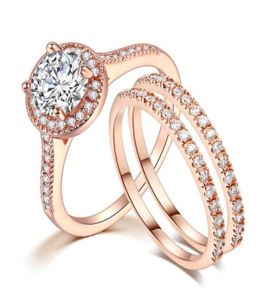 

new fashion exquisite rose gold color three pcs crystal finger rings set for women filled zircon wedding party jewelry ring 20204327923, Golden;silver