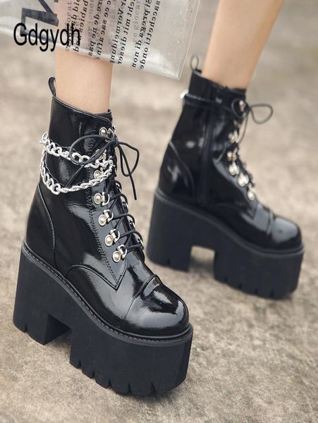 

gdgydh patent leather gothic black boots women heel chain chunky heel platform boots female punk style ankle boots zipper 2008323073