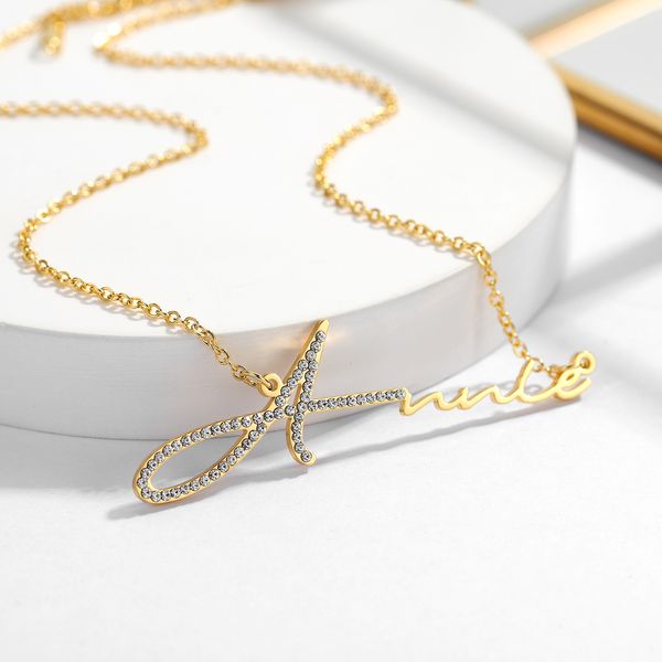 

pendant necklaces qitiian kalung nama berlian gaya tanda tangan pribadi buatan tangan baja tahan karat nama kustom perhiasan kristal zirkon, Silver