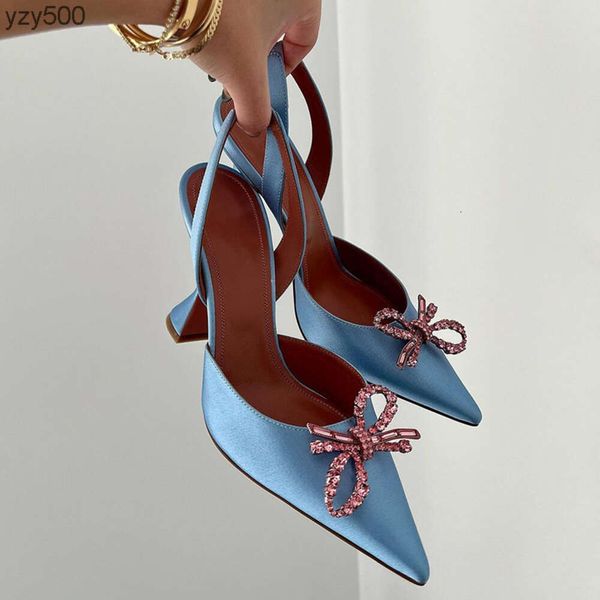 

amina muaddi high heeled sandals dress shoes luxury designer satin bow rhinestone buckle decoration womens 10cm heels large size sandal 35-4, Black