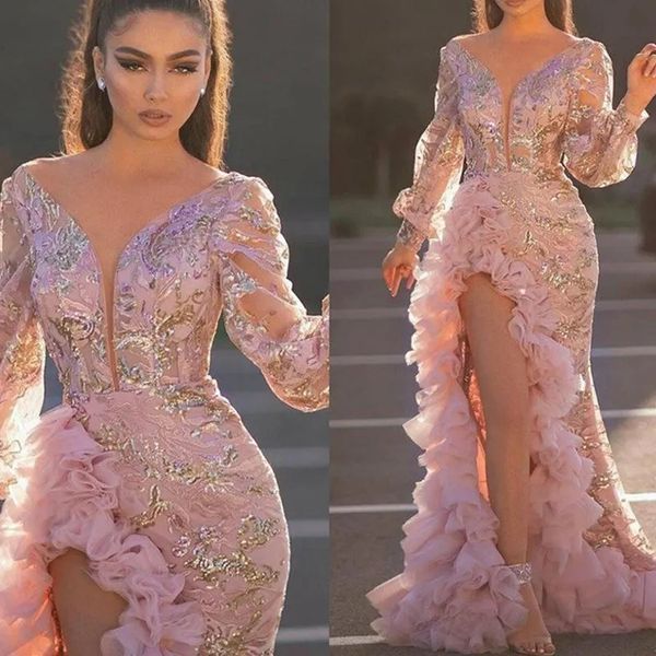 

pink evening dresses wear sheath long sleeves illusion crystal beading high side split floor length party dress prom gowns open back robes d, Black;red