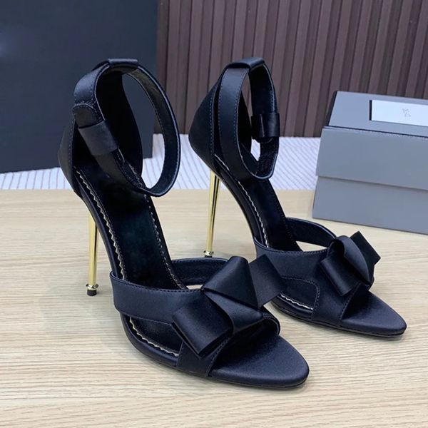 

satin bow stiletto sandals ankle-strap stiletto heels evening pointed shoes 105mm women heeled luxury designers sandal dress shoe factory fo, Black