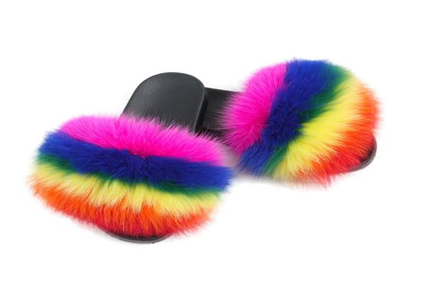 

women fox hair slippers summer furry shoes rainbow multi color women slippers 100 real fox fur luxury slides large size 36452546311, Black
