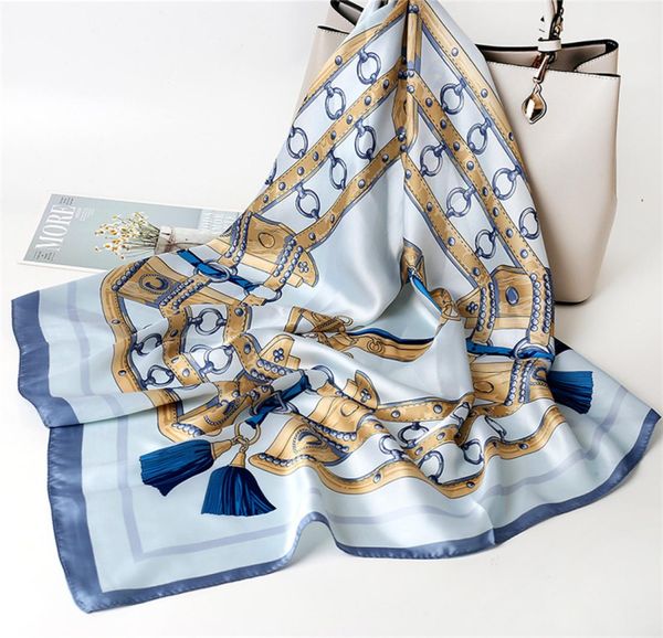 

fashion retro small printing silk scarf female imitation silk big square scarf tied bag decoration spring autumn multifunctional s2461737, Blue;gray