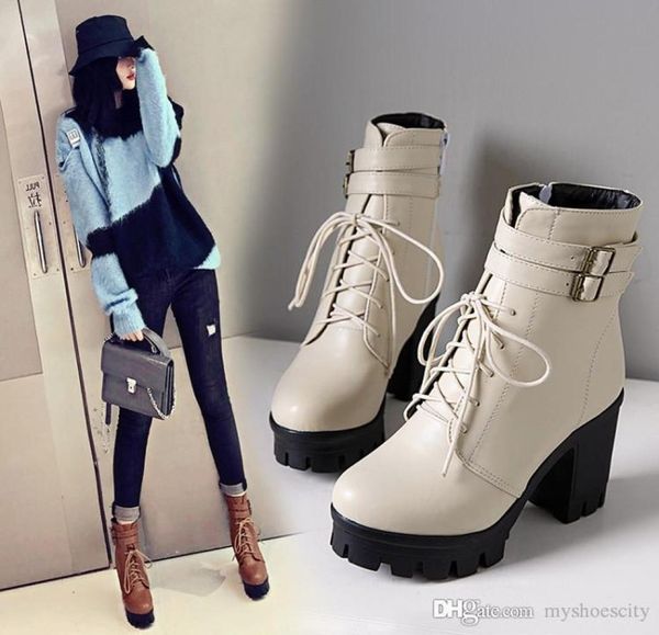 

size 34 to 42 43 casual style beige lace up platform chunky heel motocycle booties black brown9274550