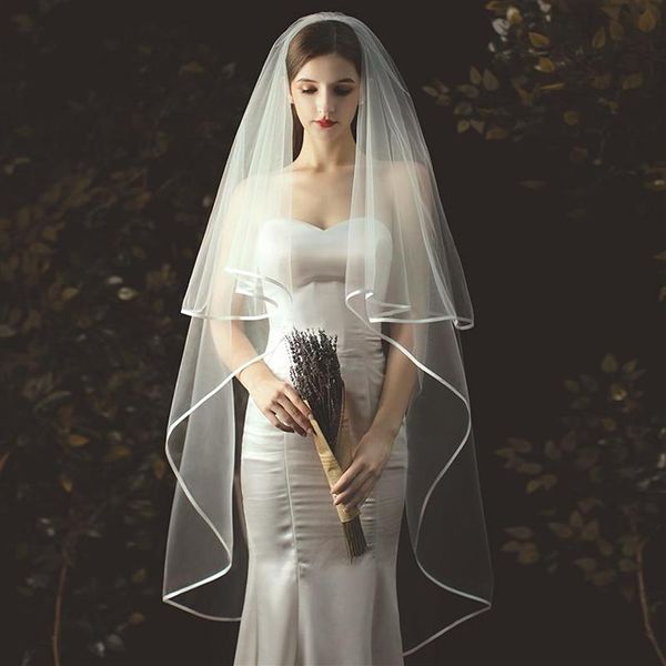 

elegant bridal veils bride veil fingertip length two-layer simple handmade noble tulle ribbon edge wedding veil headwear comb224z, Black