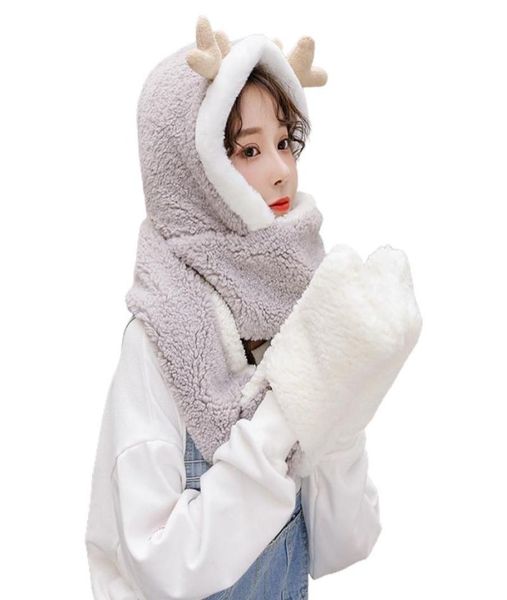 

beanieskull caps women winter warm reindeer antler 3 in 1 plush hoodie hat with long scarf gloves d08e5691923, Blue;gray