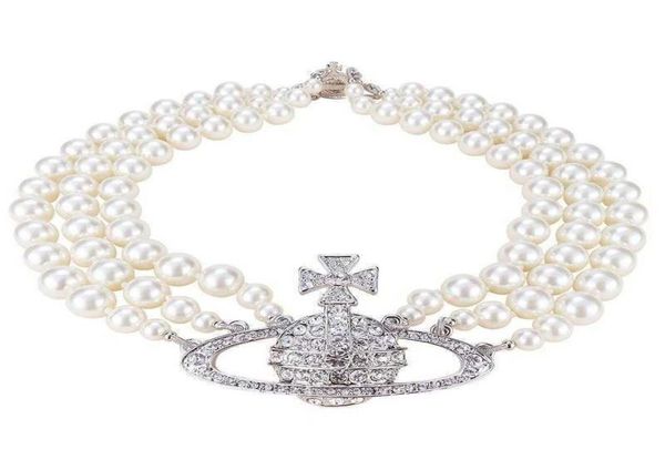 

necklaces pendant empress dowager three layers of pearls full of diamonds saturn necklace shining bride wedding5614769, Silver