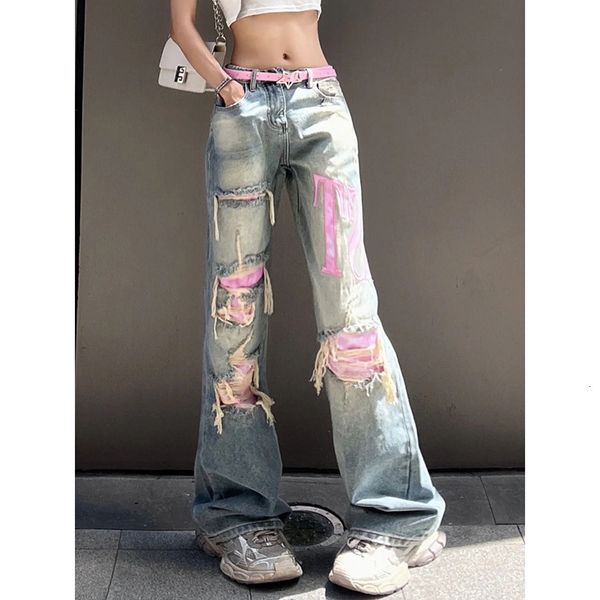 

women s jeans celana panjang denim wanita longgar sobek biru vintage pinggang tinggi y2k pakaian jalanan celana kaki lebar punk perempuan 20, Blue