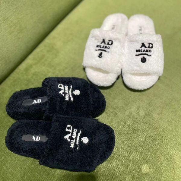 

designer luxury fashion women sandal terry teddy cloth slides embroidered lettering rubber fabric fluffy slipper, Black