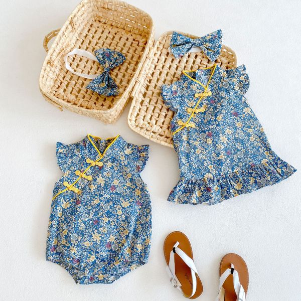 

summer baby girl clothes cheongsam floral rompers for newborn baby princess dress jumpsuit summer tang suit cotton 2591, Blue
