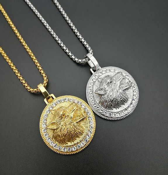 

hip hop necklace inlaid zircon bling iced out stainless steel wolf head round shape pendants necklaces for men rapper jewelry4473304, Silver