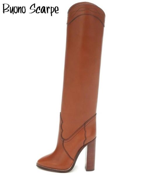 

embossed women high heel boots sewing brand designer chunky heel shoes microfiber leather long boots knee high botas mujer 20208488791, Black