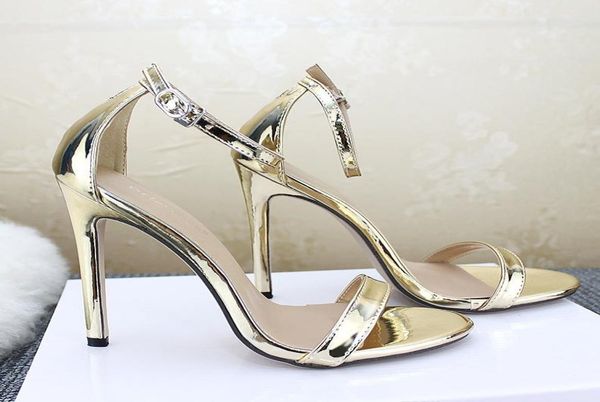

fashion big size women designer sandals silver gold high heel ankle strap summer shoes super thin heel leather shoes6799405, Black