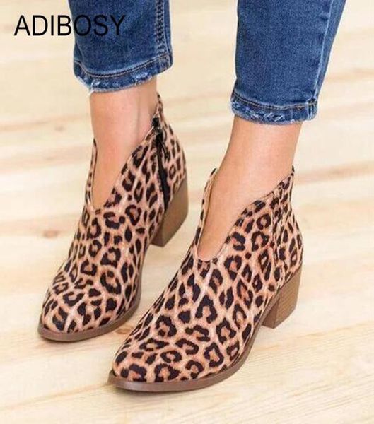 

boots ankle women leopard print pointedtoe square platform shoes low heel zip flock autumn winter short black8883174, Black